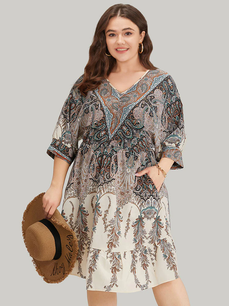 Bandana Print Pocket Elastic Waist Patchwork Dress - Image 4