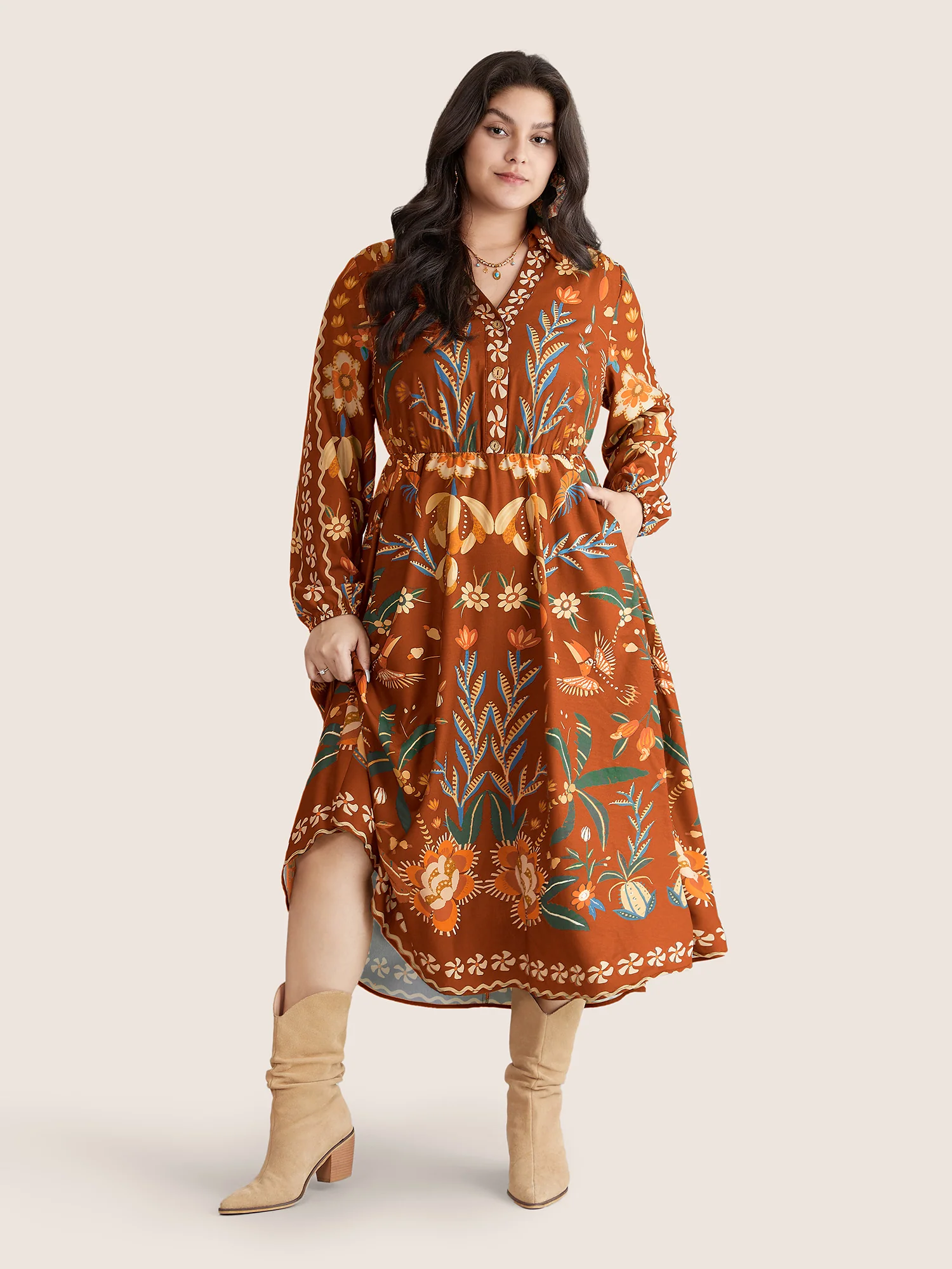 Bandana Print Pocket Lapel Collar Elastic Cuffs Dress - Image 6