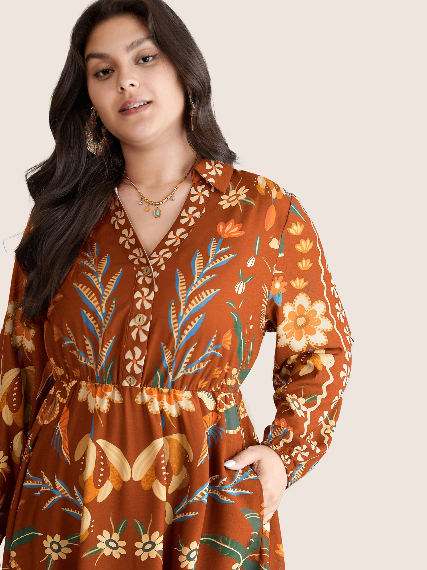 Bandana Print Pocket Lapel Collar Elastic Cuffs Dress - Image 7