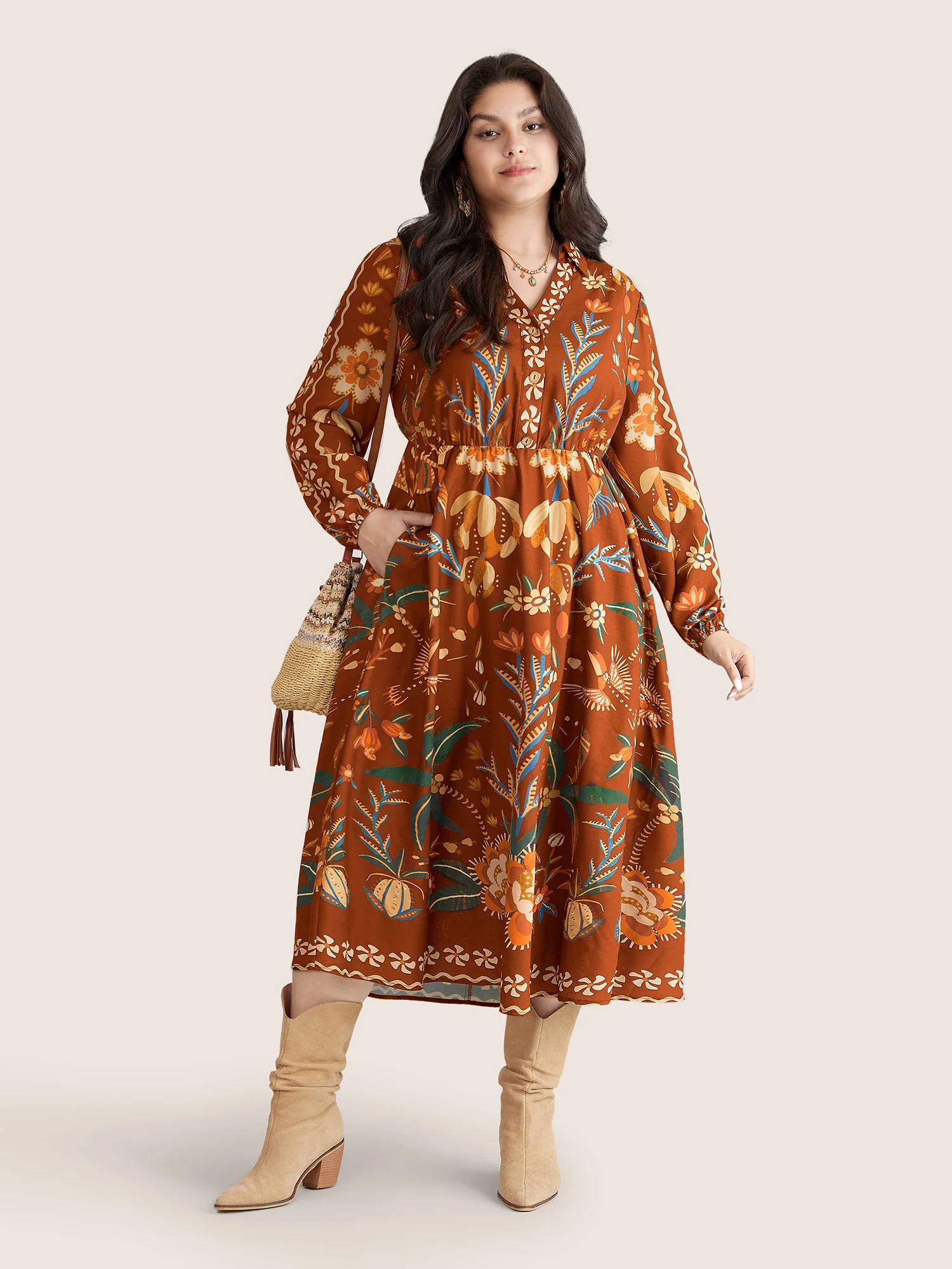 Bandana Print Pocket Lapel Collar Elastic Cuffs Dress - Image 8