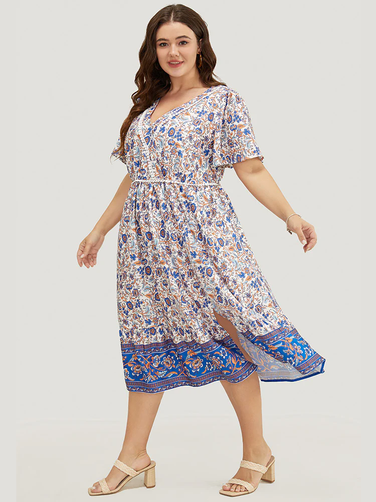 Bandana Print Pocket Pompom Trim Wrap Split Ruffle Dress - Image 2
