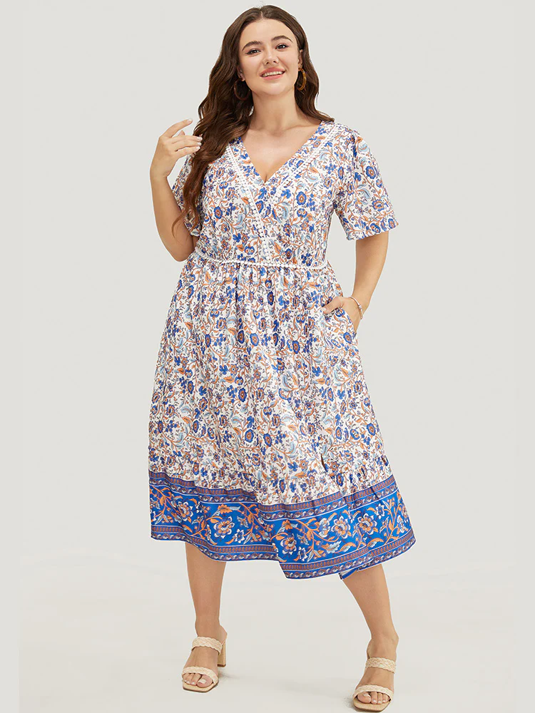 Bandana Print Pocket Pompom Trim Wrap Split Ruffle Dress - Image 3