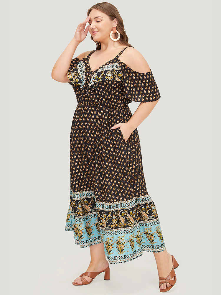 Bandana Print Pocket Ruffle Trim Cold Shoulder Maxi Dress - Image 2