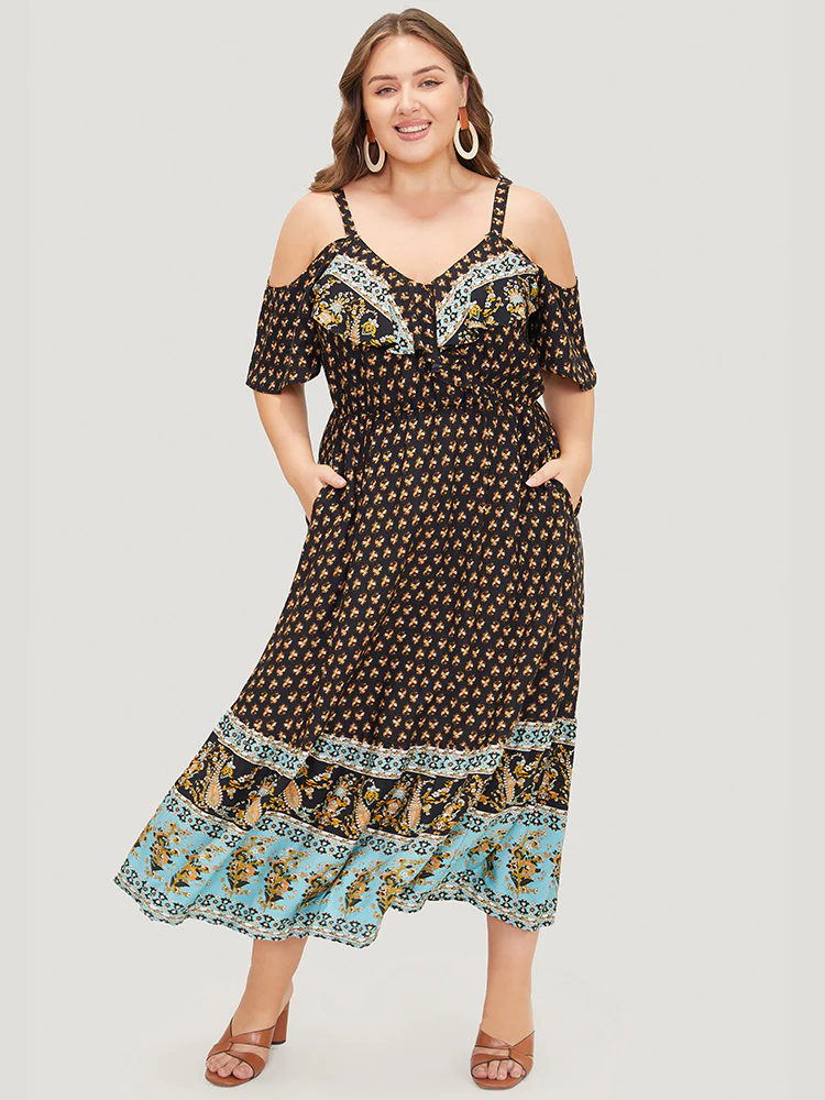 Bandana Print Pocket Ruffle Trim Cold Shoulder Maxi Dress - Image 3