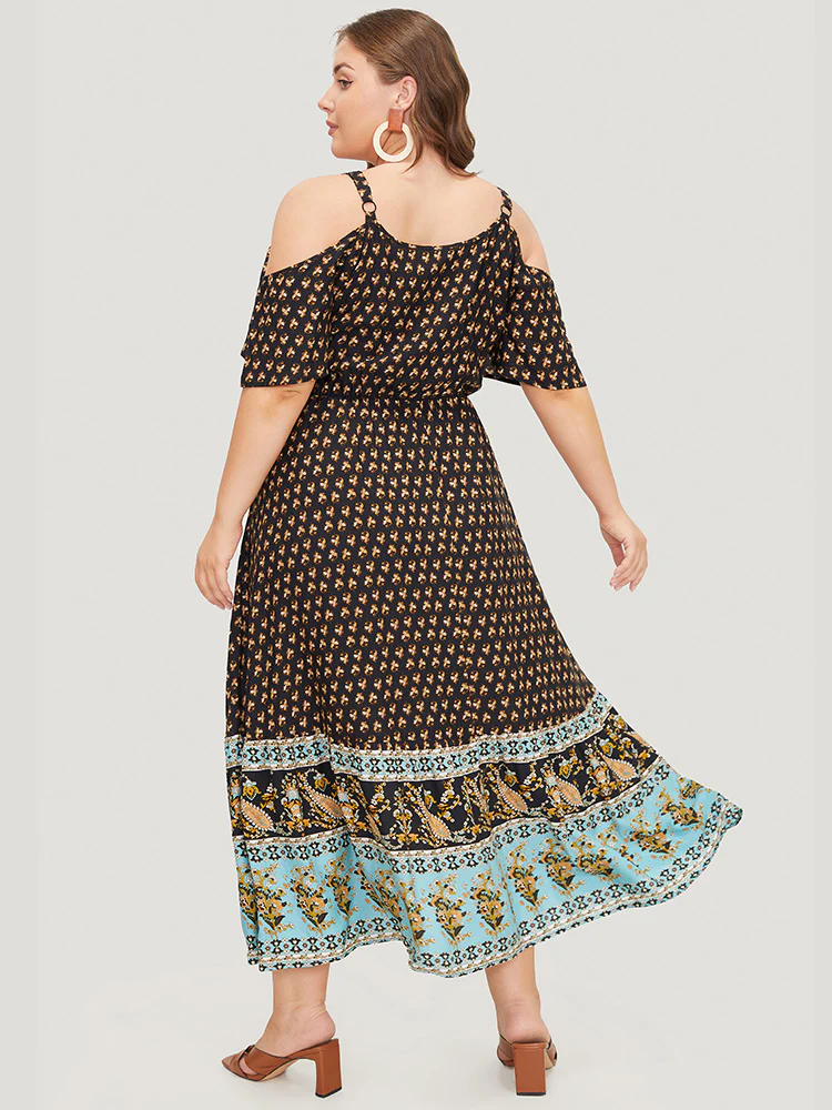Bandana Print Pocket Ruffle Trim Cold Shoulder Maxi Dress - Image 4