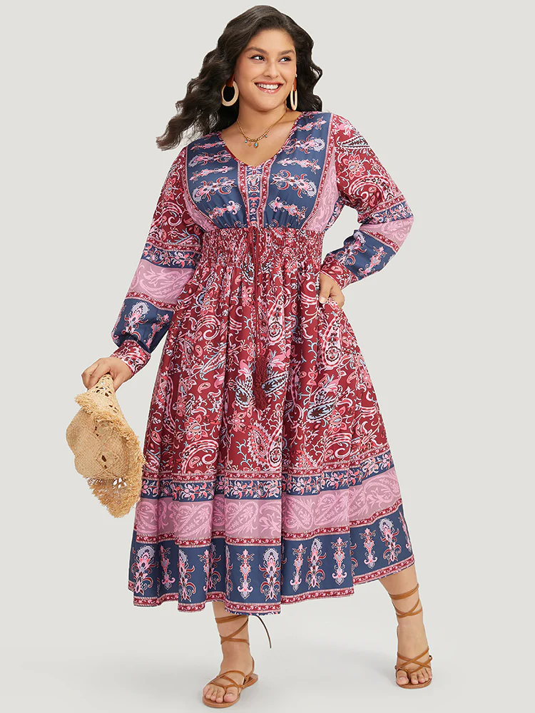 Bandana Print Pocket Shirred Bowknot Dress - Image 3