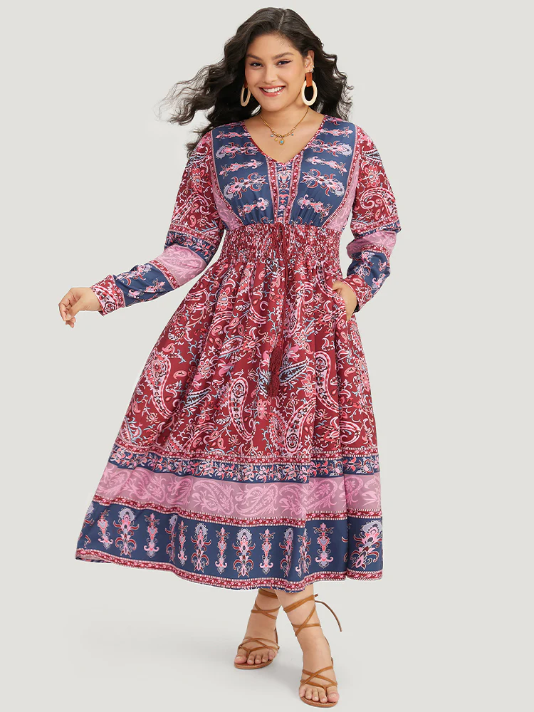 Bandana Print Pocket Shirred Bowknot Dress - Image 4