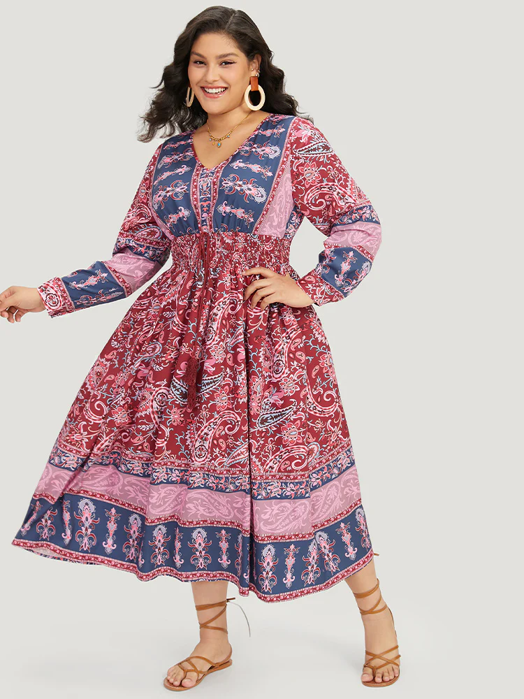 Bandana Print Pocket Shirred Bowknot Dress - Image 5