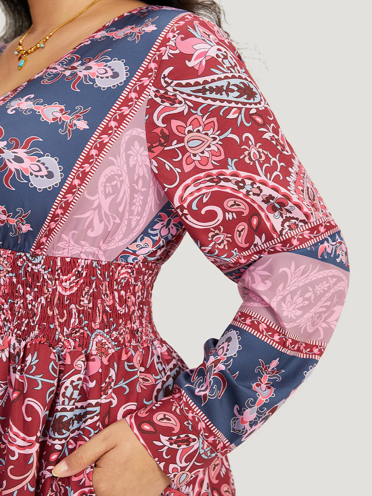 Bandana Print Pocket Shirred Bowknot Dress - Image 7