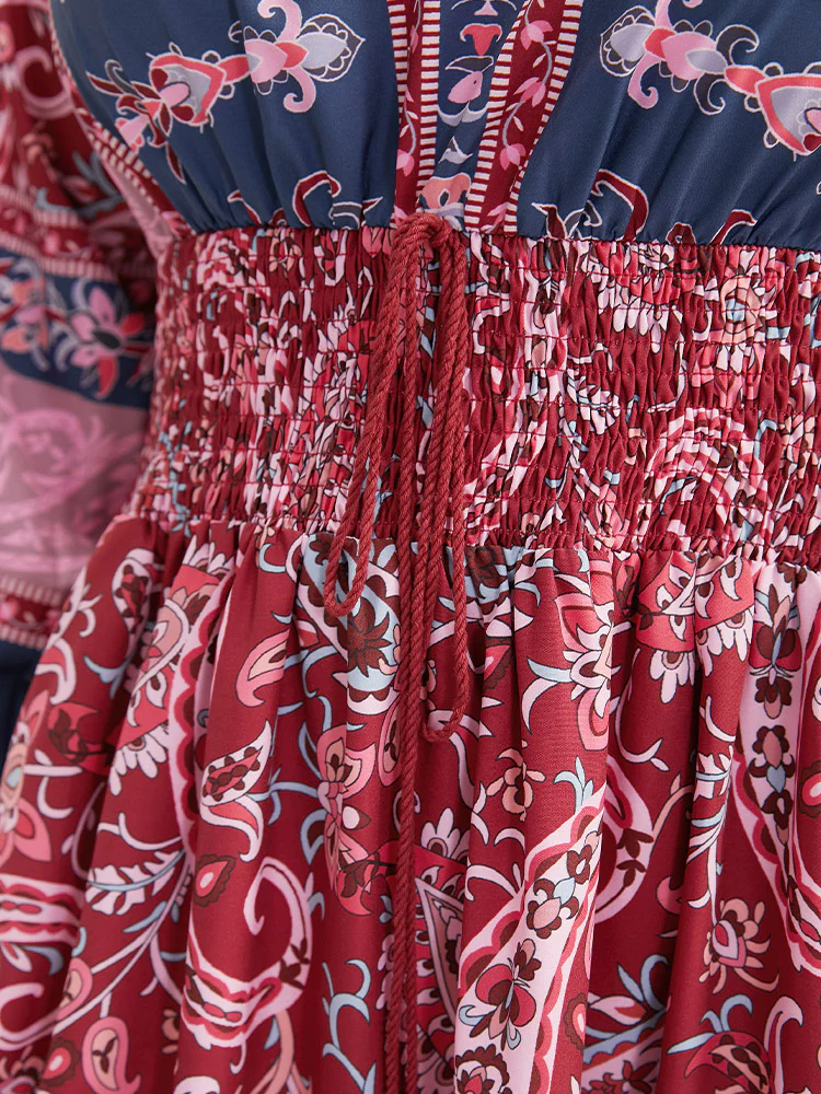 Bandana Print Pocket Shirred Bowknot Dress - Image 8