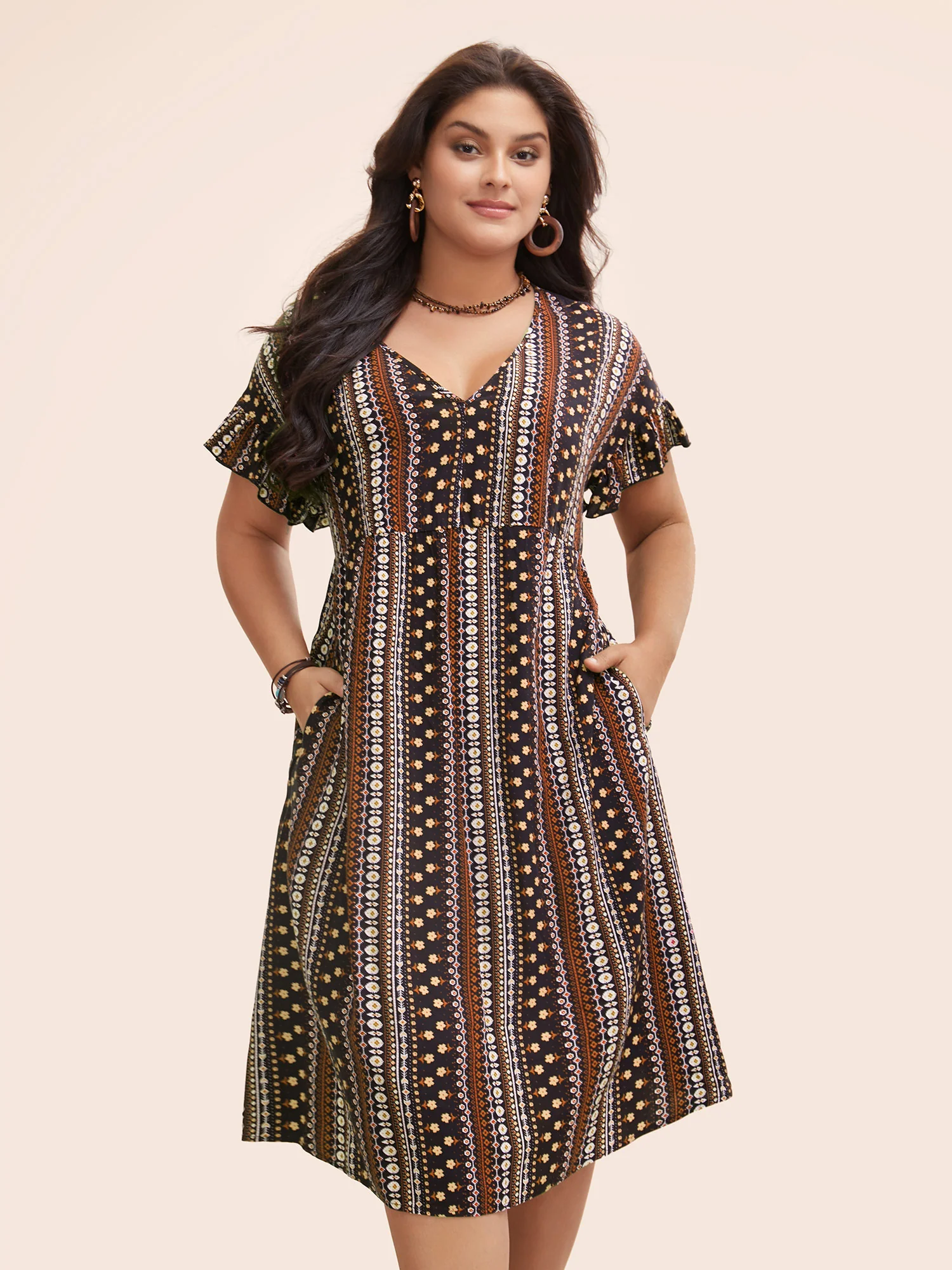 Bandana Print Pocket V Neck Ruffle Sleeve Dress - Image 2
