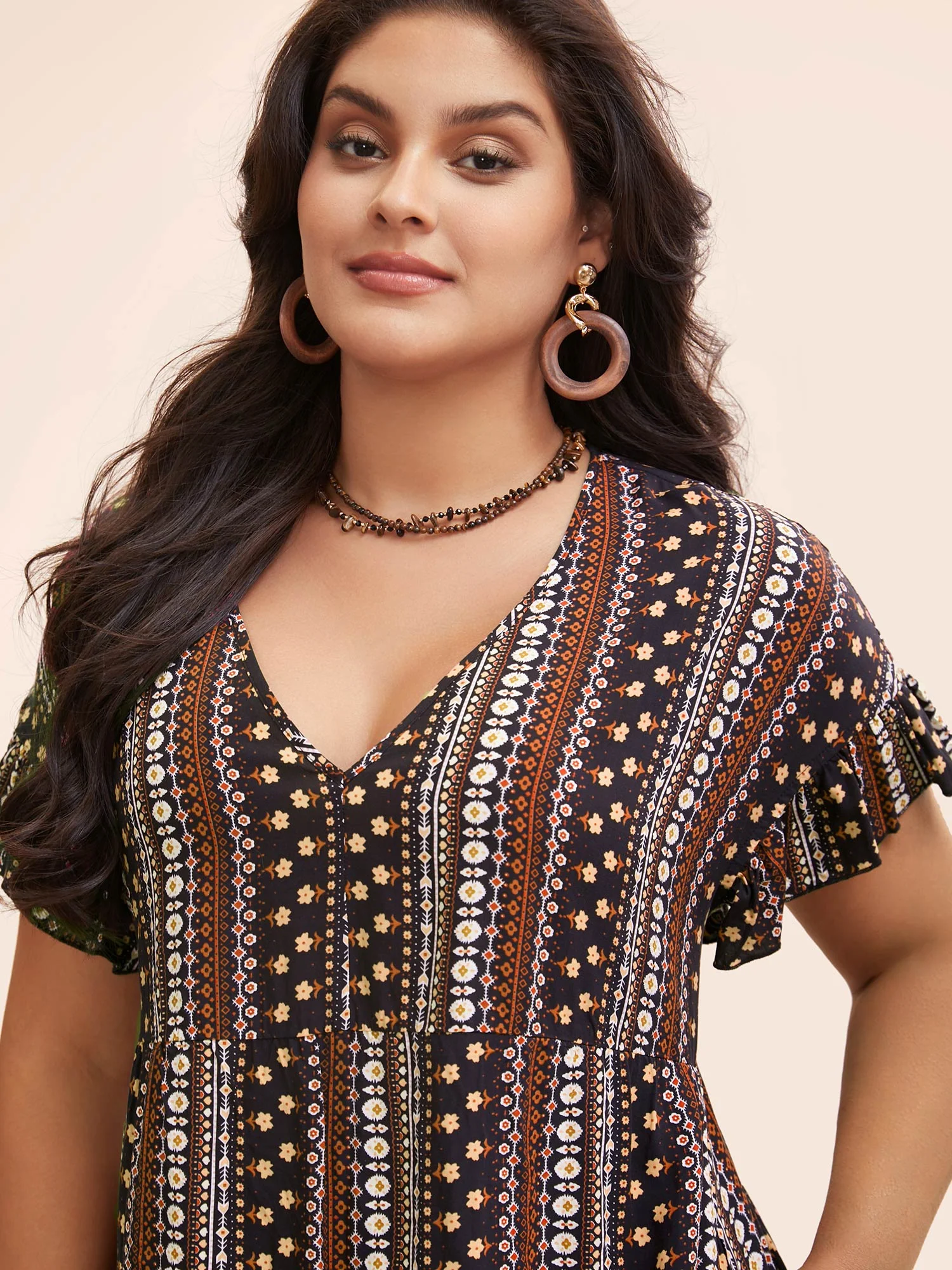 Bandana Print Pocket V Neck Ruffle Sleeve Dress - Image 3