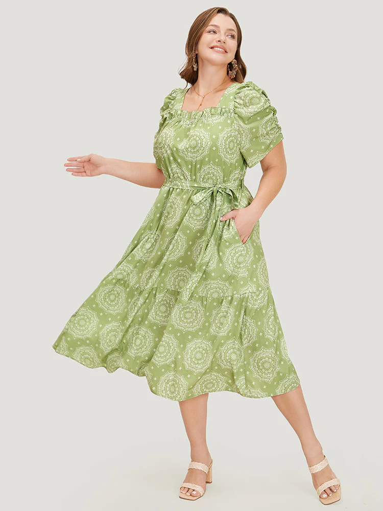 Bandana Print Ruched Sleeve Frill Trim Pocket Belt Dress - Image 2