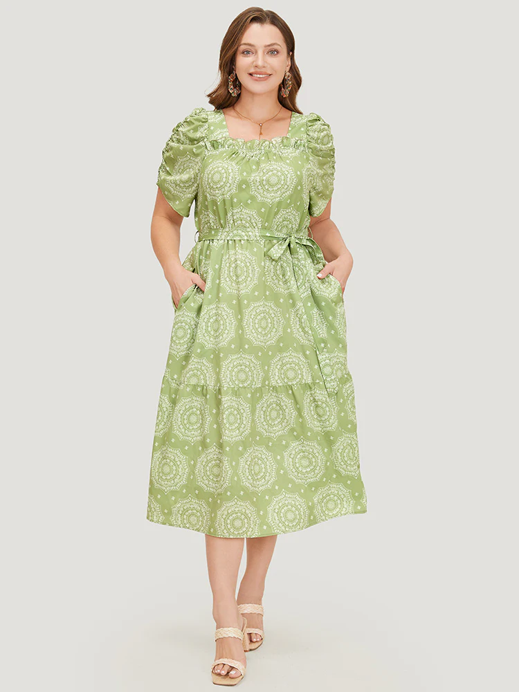 Bandana Print Ruched Sleeve Frill Trim Pocket Belt Dress - Image 3