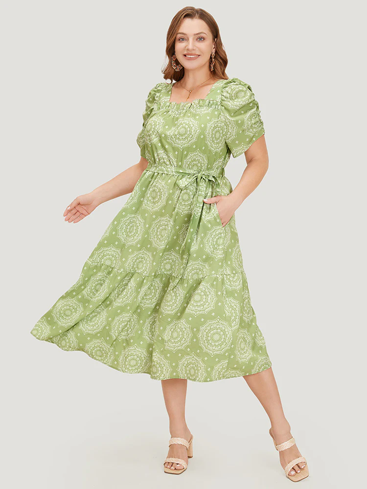 Bandana Print Ruched Sleeve Frill Trim Pocket Belt Dress - Image 4