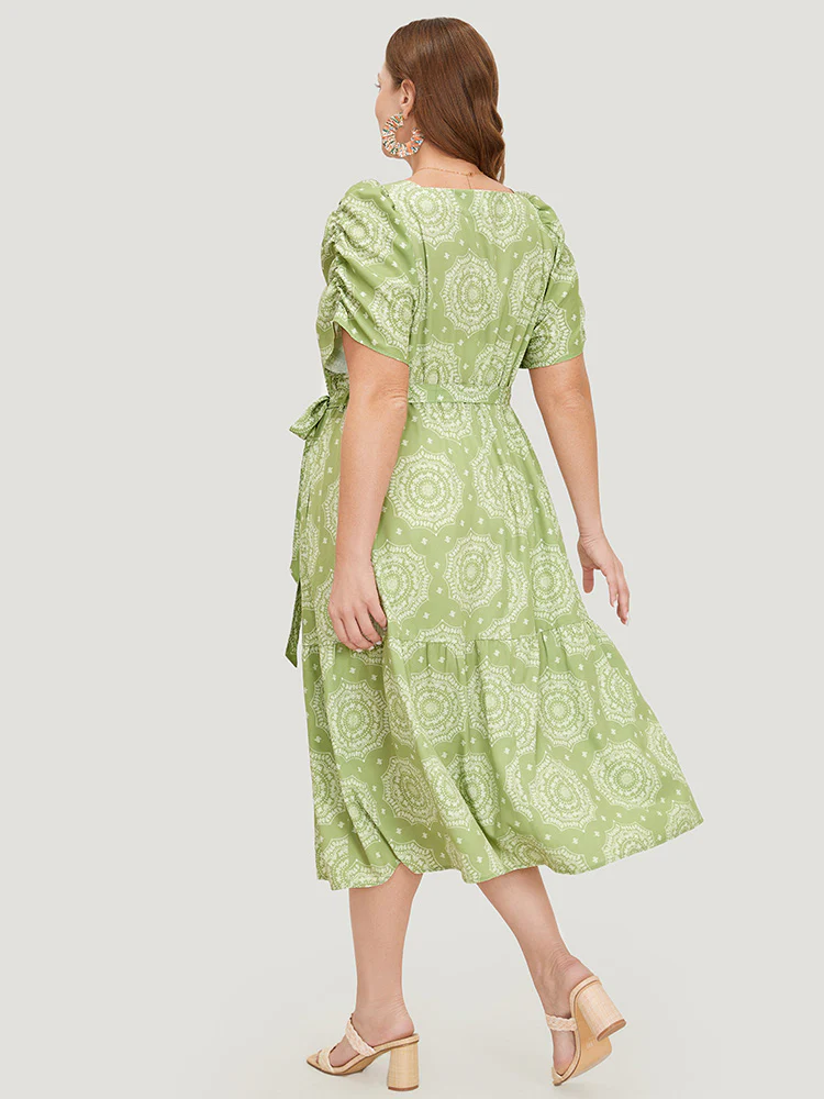 Bandana Print Ruched Sleeve Frill Trim Pocket Belt Dress - Image 5