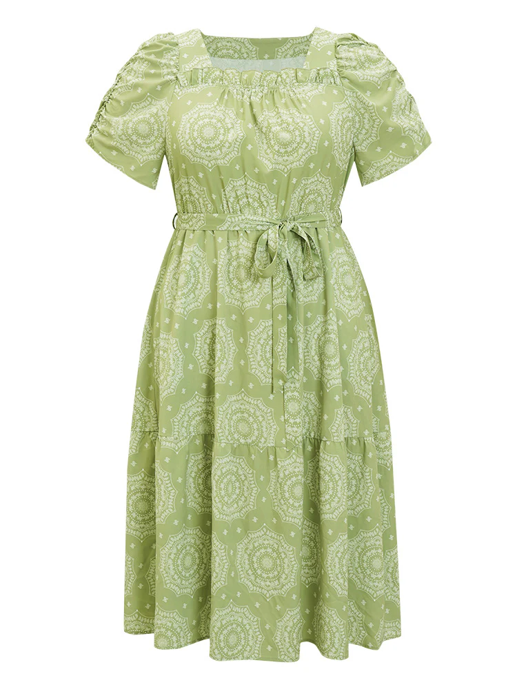 Bandana Print Ruched Sleeve Frill Trim Pocket Belt Dress - Image 9
