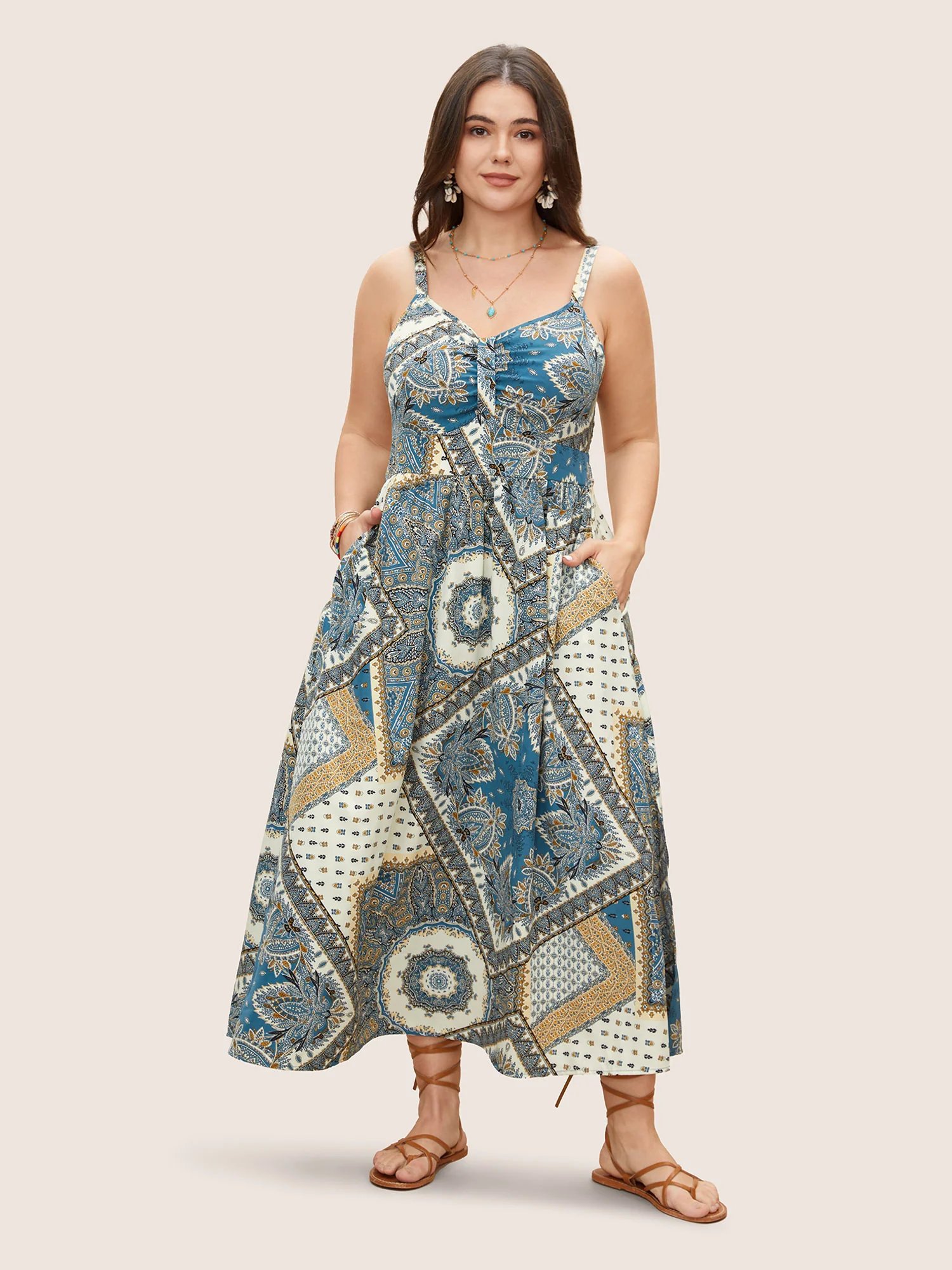 Bandana Print Ruched Split Hem Cami Dress - Image 3