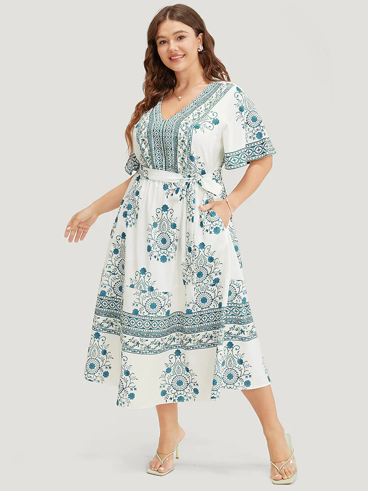 Bandana Print Ruffle Sleeve Pocket Belted Midi Dress - Image 2