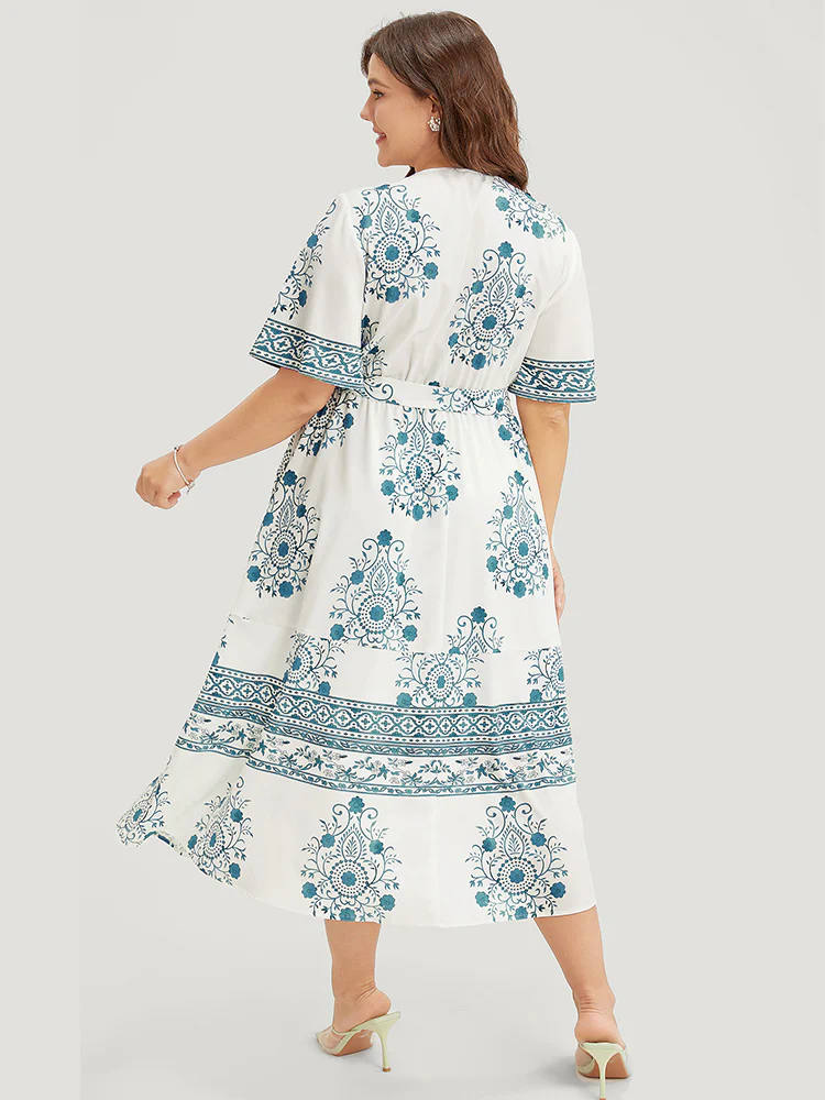 Bandana Print Ruffle Sleeve Pocket Belted Midi Dress - Image 3