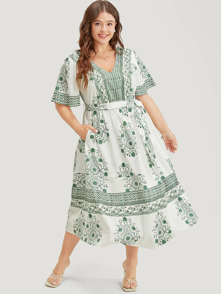 Bandana Print Ruffle Sleeve Pocket Belted Midi Dress - Image 4
