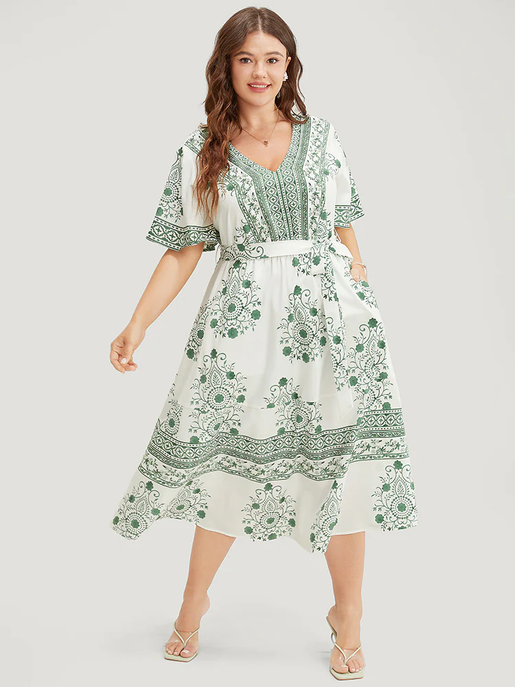 Bandana Print Ruffle Sleeve Pocket Belted Midi Dress - Image 5