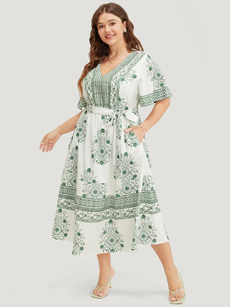 Bandana Print Ruffle Sleeve Pocket Belted Midi Dress - Image 6