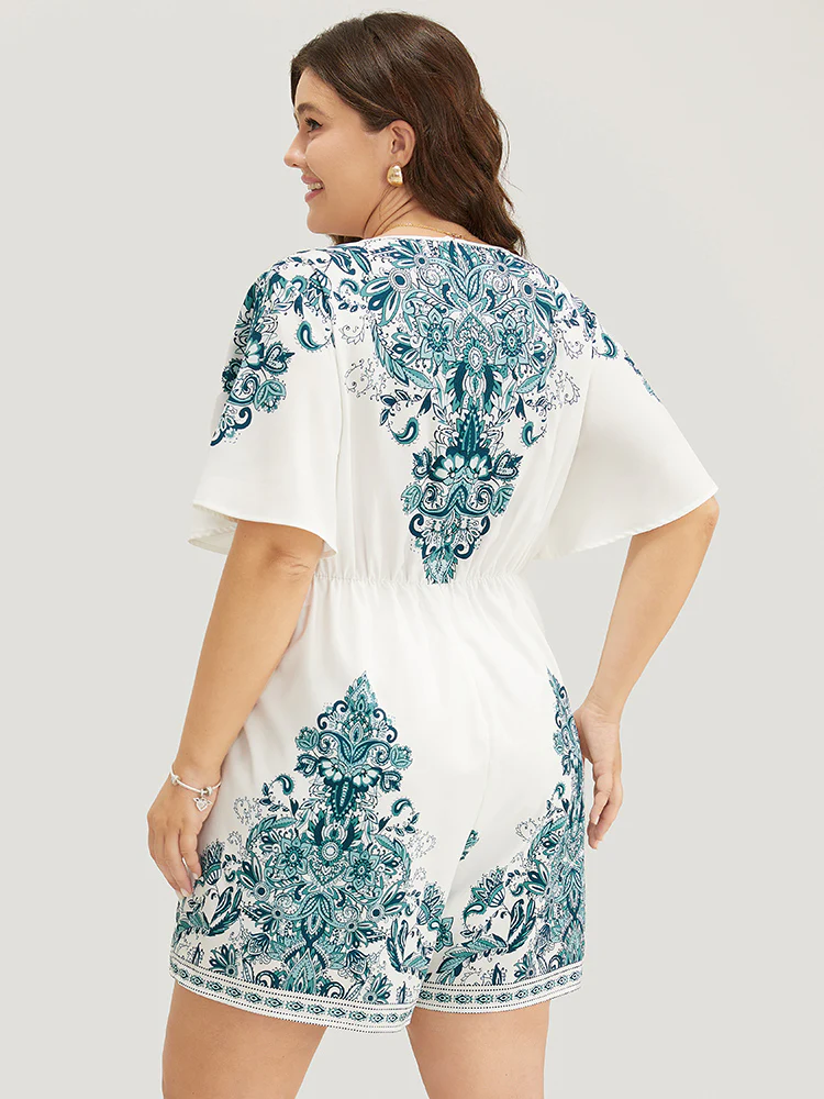 Bandana Print Ruffle Sleeve Pocket Button Detail Romper - Image 5