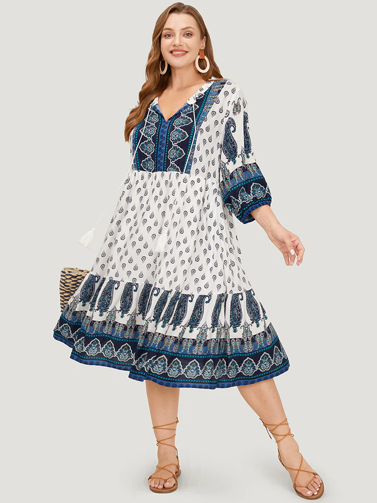 Bandana Print Ruffles Lantern Sleeve Pocket Tassels Tie Neck Dress - Image 2