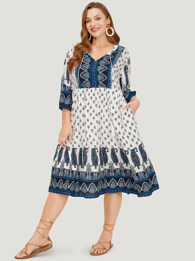 Bandana Print Ruffles Lantern Sleeve Pocket Tassels Tie Neck Dress - Image 3
