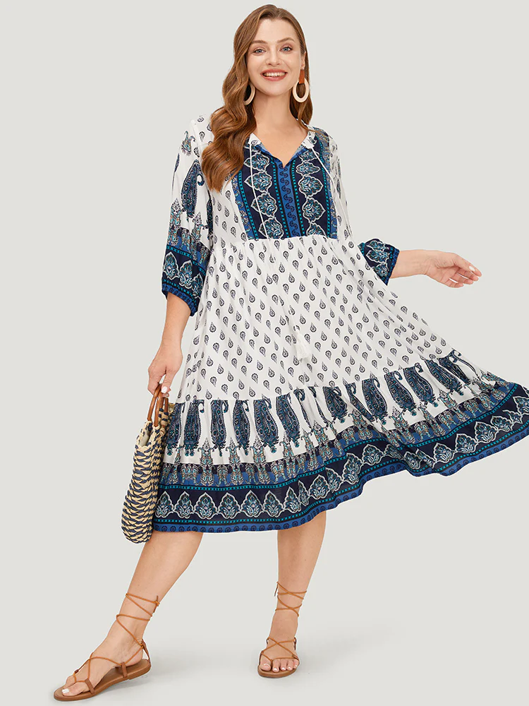 Bandana Print Ruffles Lantern Sleeve Pocket Tassels Tie Neck Dress - Image 4