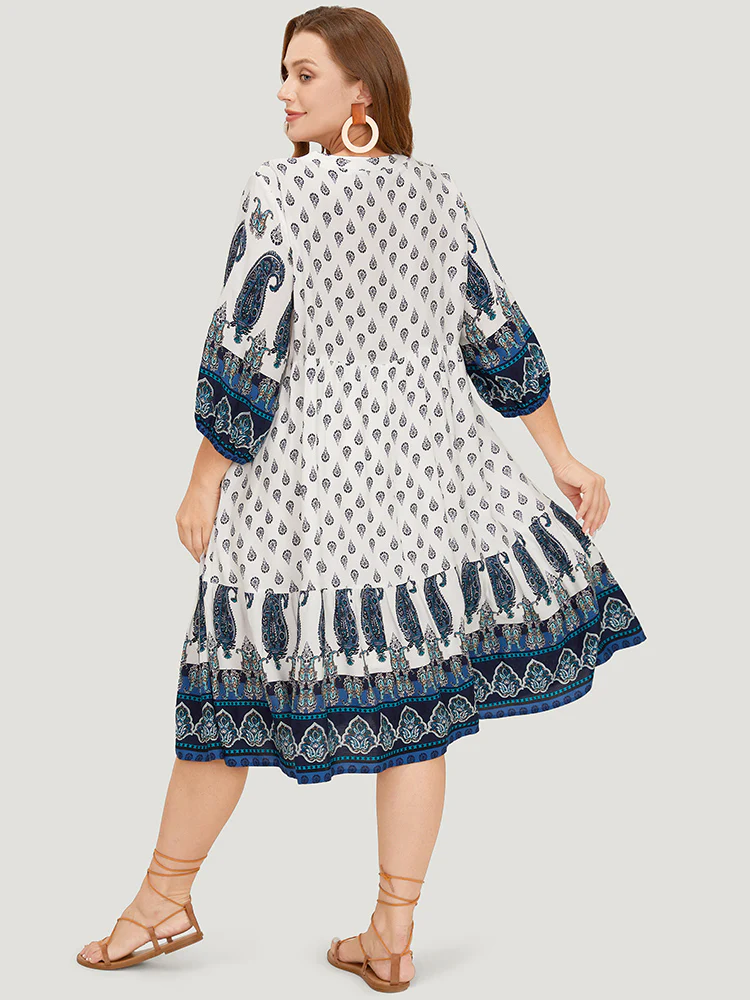 Bandana Print Ruffles Lantern Sleeve Pocket Tassels Tie Neck Dress - Image 5