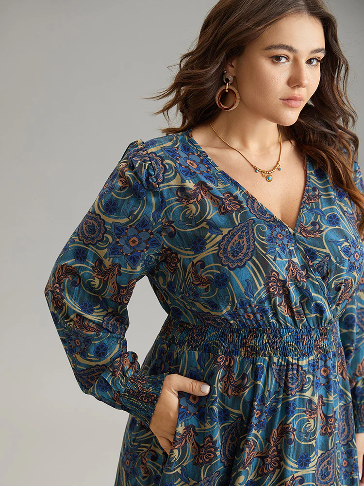 Bandana Print Shirred Pocket Frill Trim Dress - Image 4