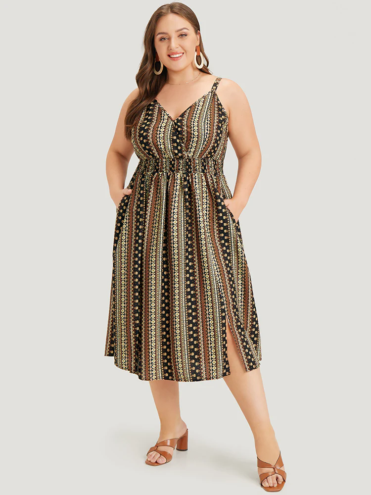 Bandana Print Shirred Pocket Split Wrap Cami Dress - Image 3