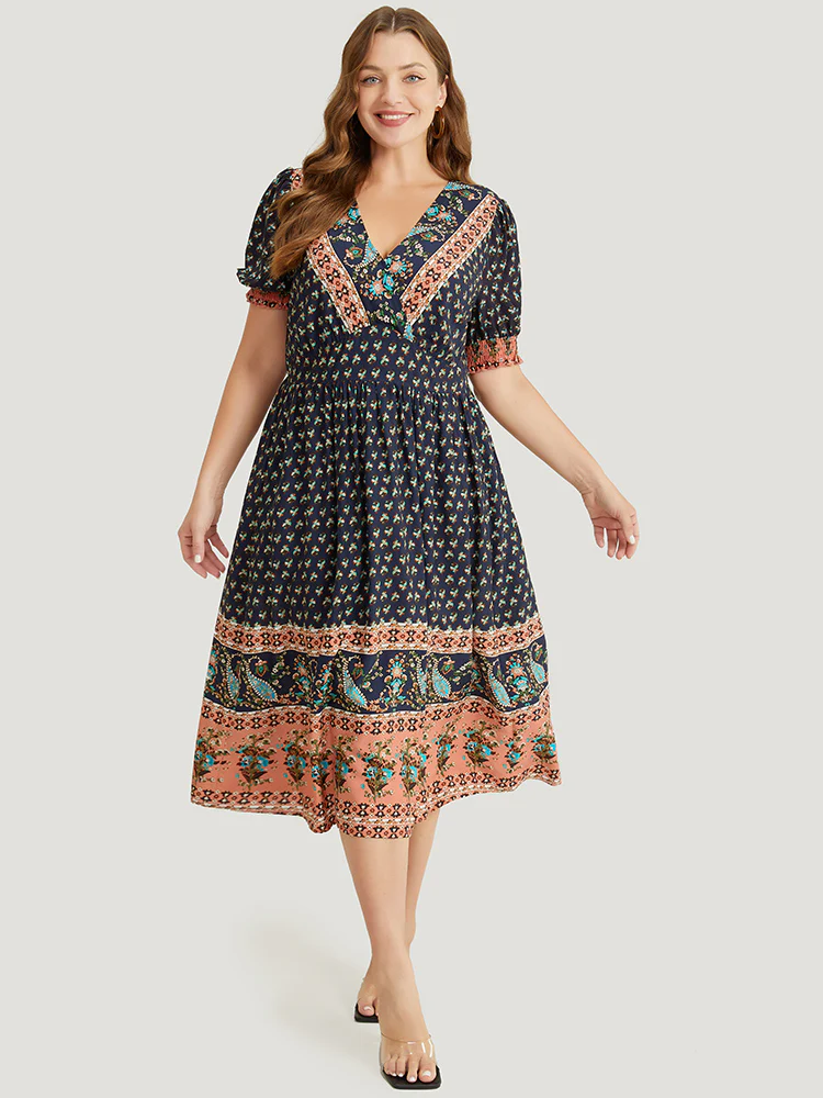 Bandana Print Shirred Puff Sleeve Pocket Wrap Empire Waist Dress - Image 2
