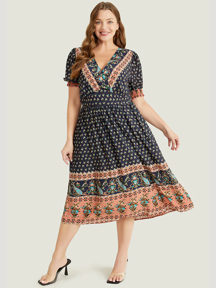 Bandana Print Shirred Puff Sleeve Pocket Wrap Empire Waist Dress - Image 3