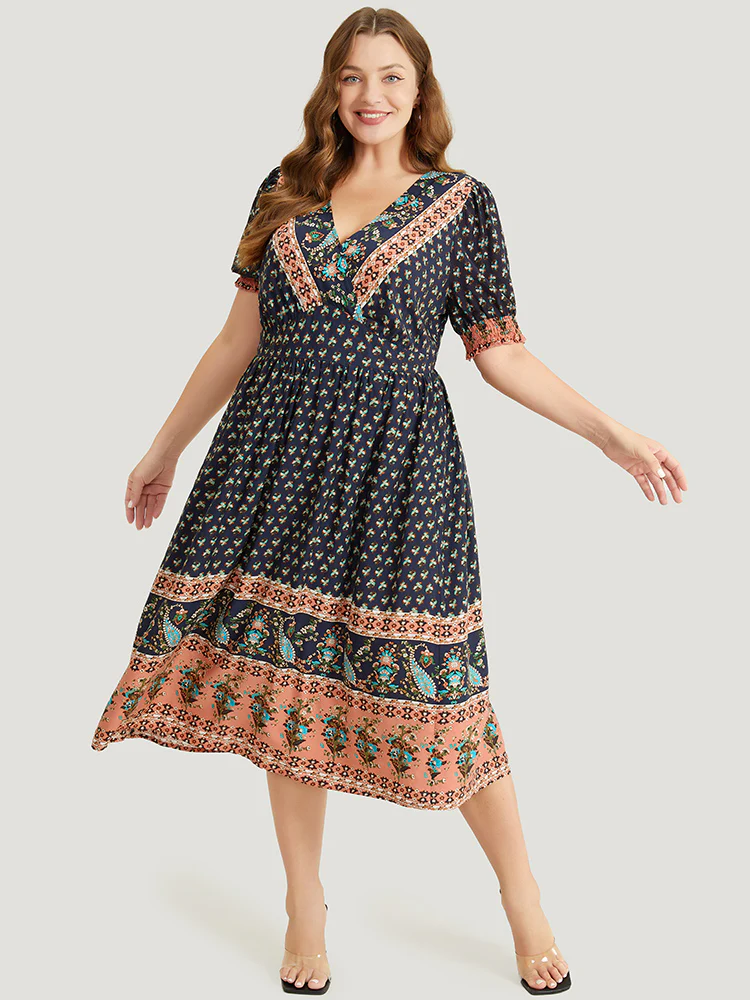 Bandana Print Shirred Puff Sleeve Pocket Wrap Empire Waist Dress - Image 4