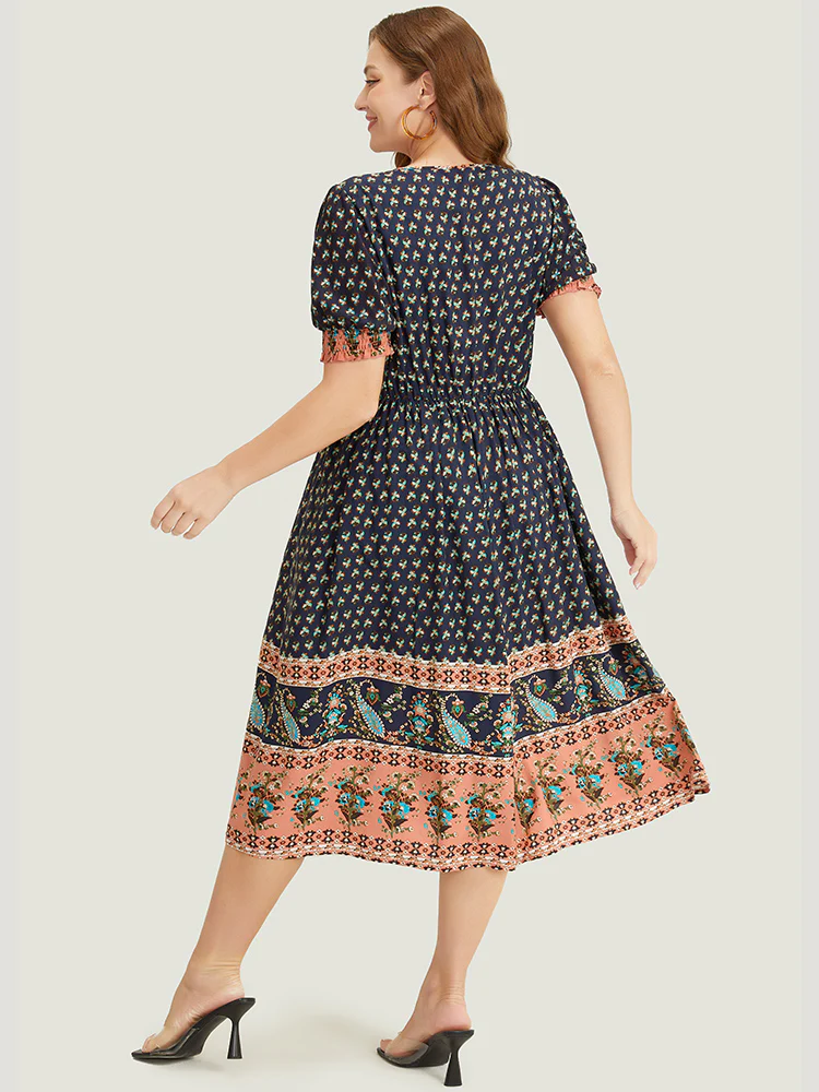 Bandana Print Shirred Puff Sleeve Pocket Wrap Empire Waist Dress - Image 5