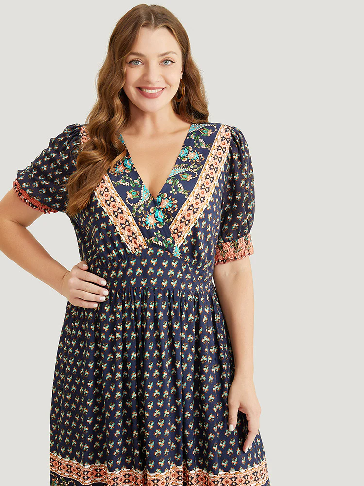 Bandana Print Shirred Puff Sleeve Pocket Wrap Empire Waist Dress - Image 6