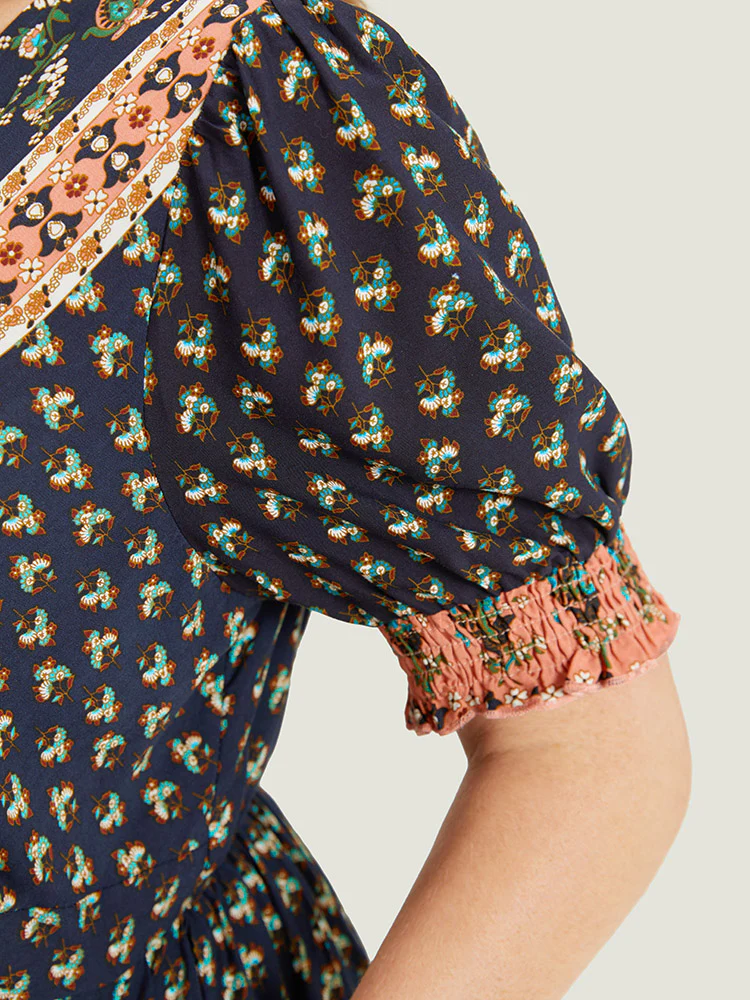 Bandana Print Shirred Puff Sleeve Pocket Wrap Empire Waist Dress - Image 9