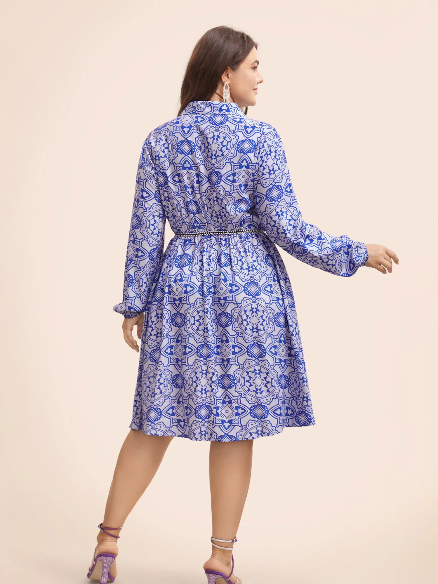 Bandana Print Shirt Collar Belted Midi Dress - Image 3