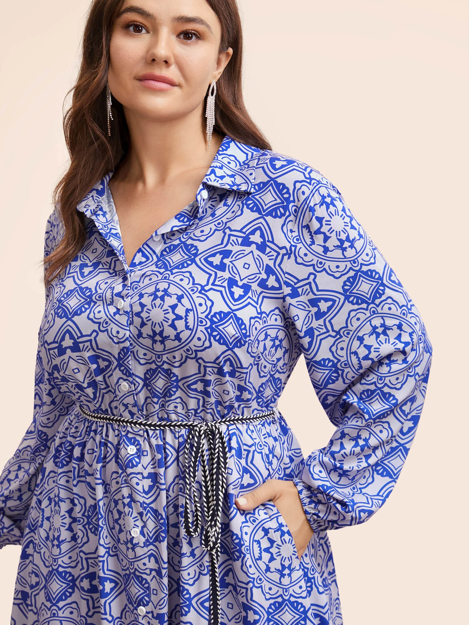 Bandana Print Shirt Collar Belted Midi Dress - Image 4