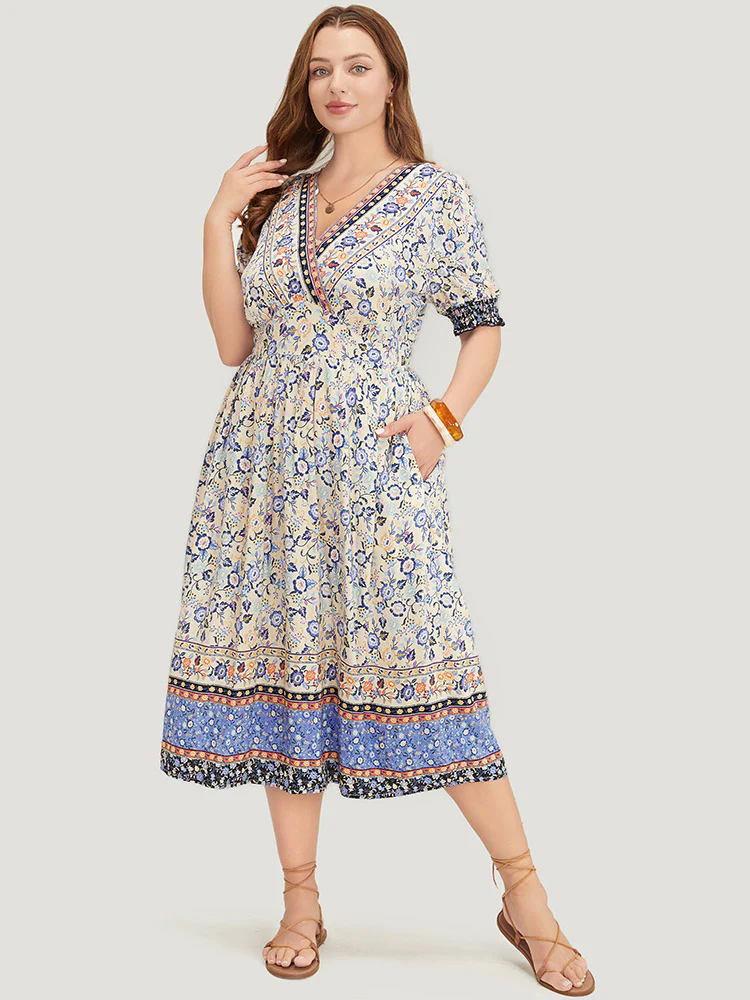 Bandana Print Surplice Neck Pocket Shirred Puff Sleeve Dress - Image 2