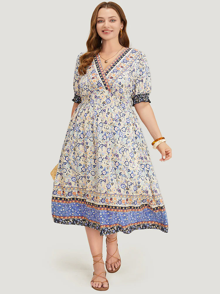 Bandana Print Surplice Neck Pocket Shirred Puff Sleeve Dress - Image 3