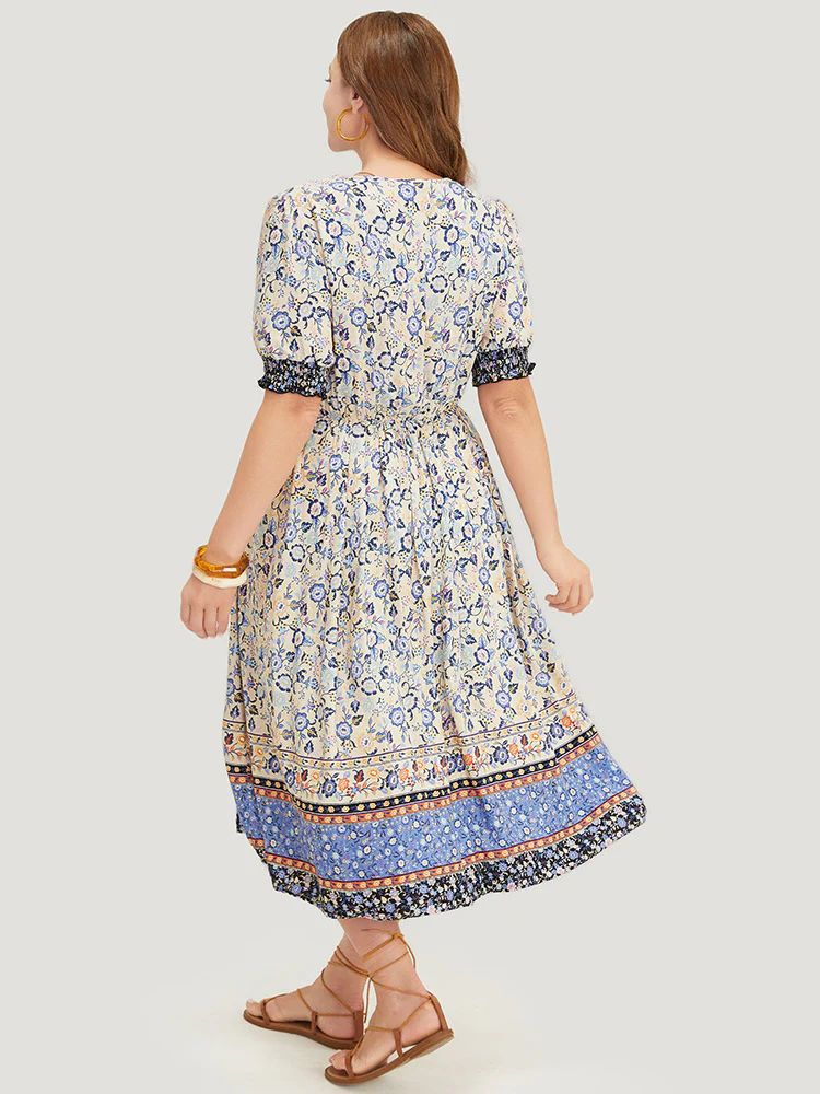 Bandana Print Surplice Neck Pocket Shirred Puff Sleeve Dress - Image 4