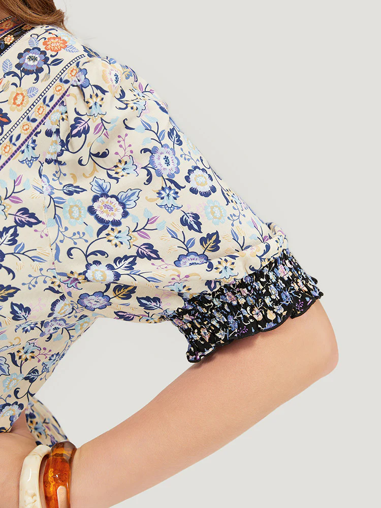 Bandana Print Surplice Neck Pocket Shirred Puff Sleeve Dress - Image 6