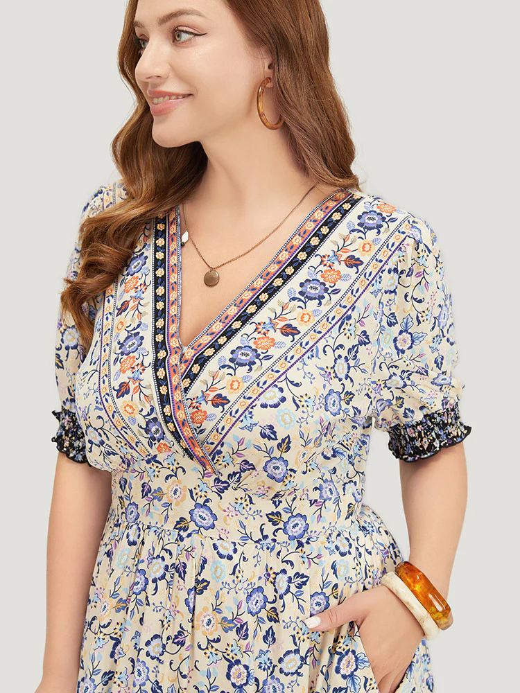 Bandana Print Surplice Neck Pocket Shirred Puff Sleeve Dress - Image 7