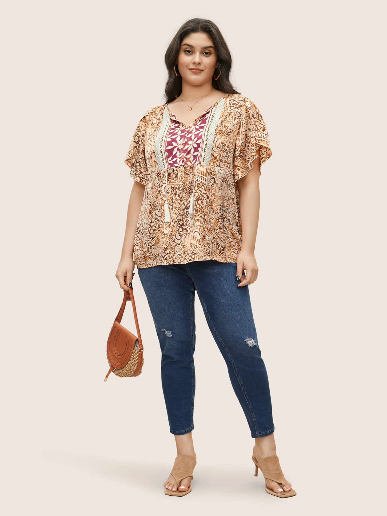 Bandana Print Tassel Trim Petal Sleeve Blouse - Image 2
