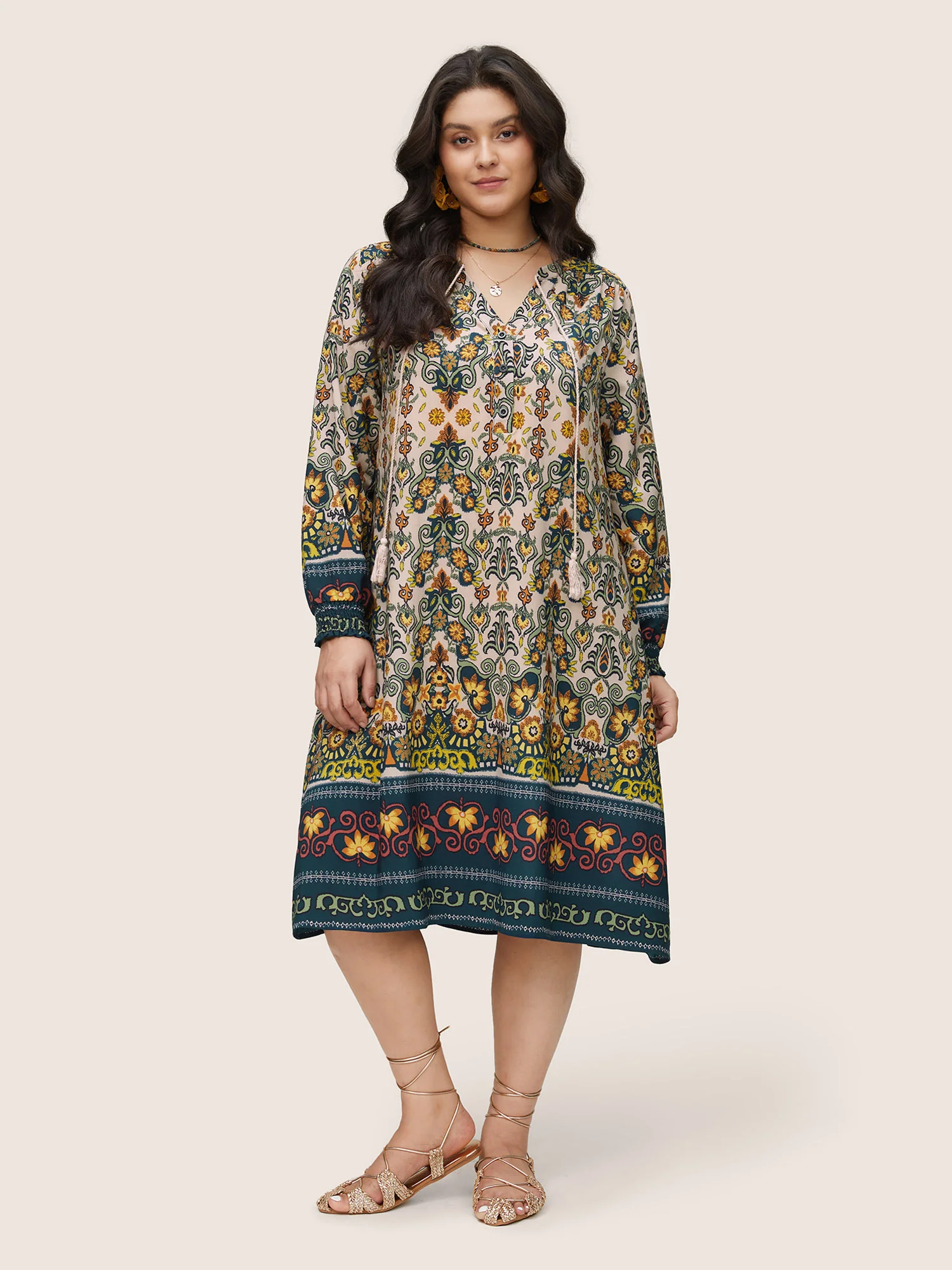 Bandana Print Tassels Ties Shirred Cuffs Dress - Image 2