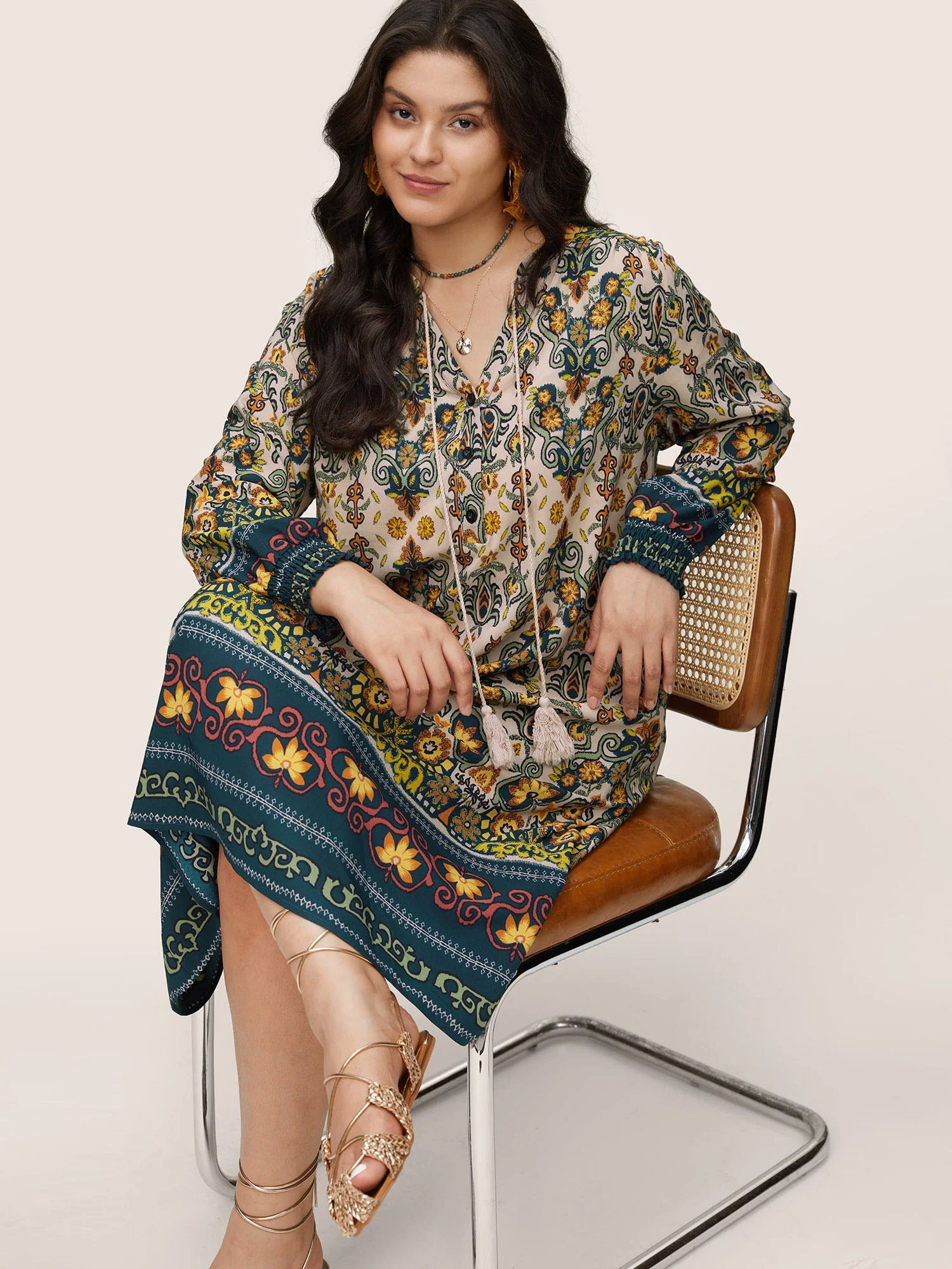Bandana Print Tassels Ties Shirred Cuffs Dress - Image 3